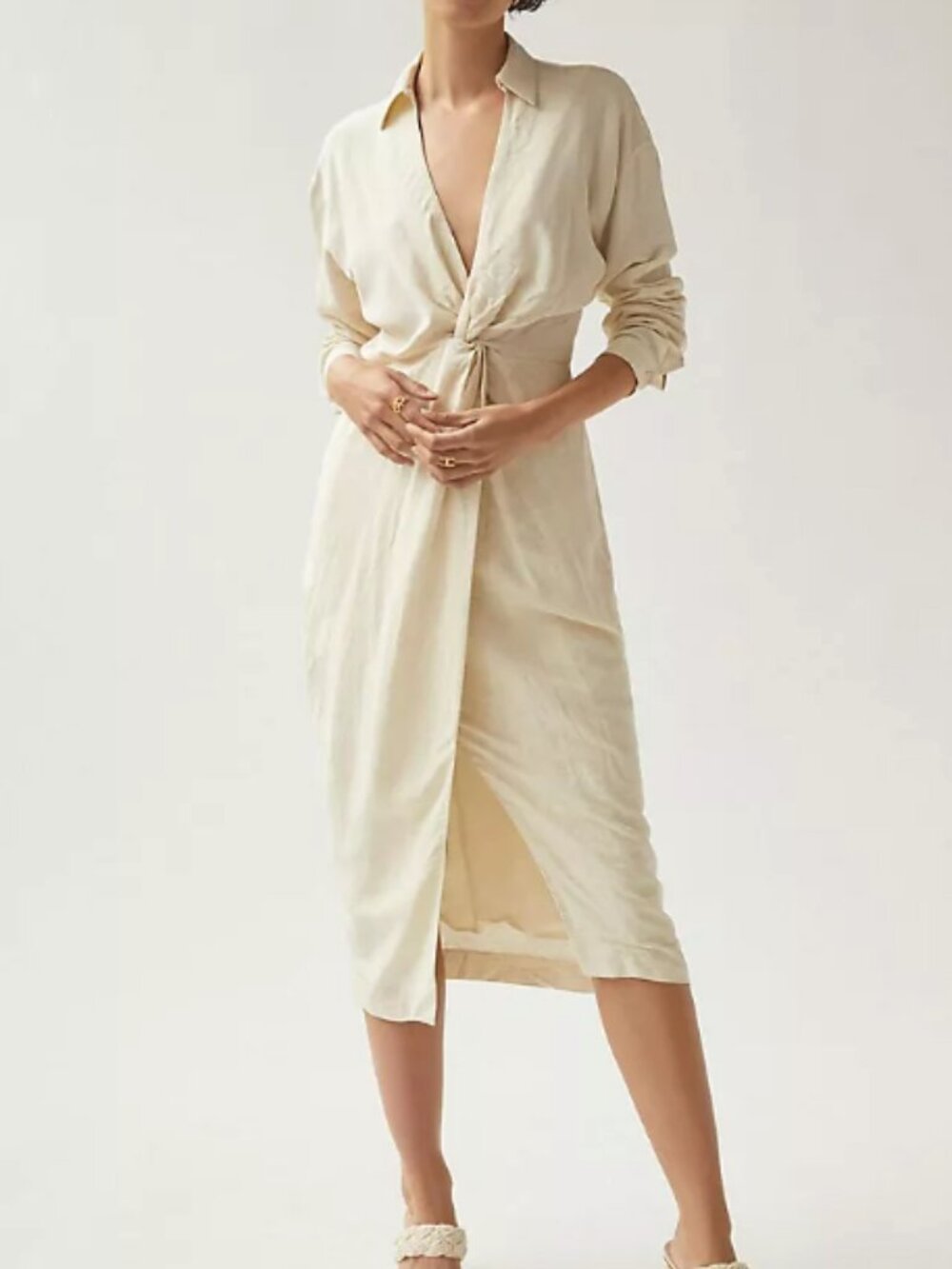 Anthropologie V-Neck Knot Front Midi Cream Dress 10